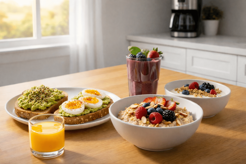 Selection of healthy breakfast ideas including overnight oats, eggs, and fresh fruit