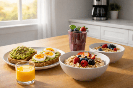 15 Healthy Breakfast Ideas to Start Your Day Right Selection of healthy breakfast ideas including overnight oats, eggs, and fresh fruit