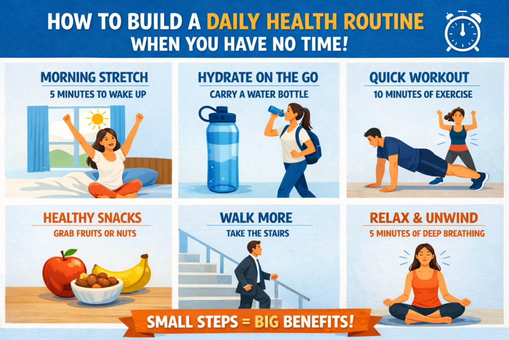Best Benefits of a daily Health routine-Even with 0 free Time How to build a daily health routine when you have no time