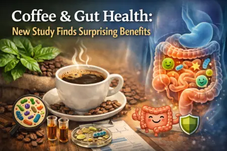 Coffee cup with gut microbiome health illustration representing new research findings