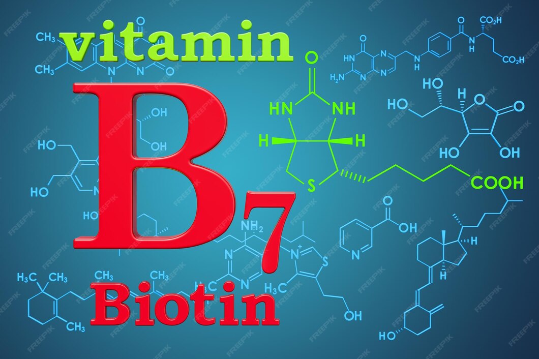 Scientific illustration of biotin vitamin B7 molecular structure with natural food sources including eggs, nuts, and leafy vegetables arranged in a laboratory setting