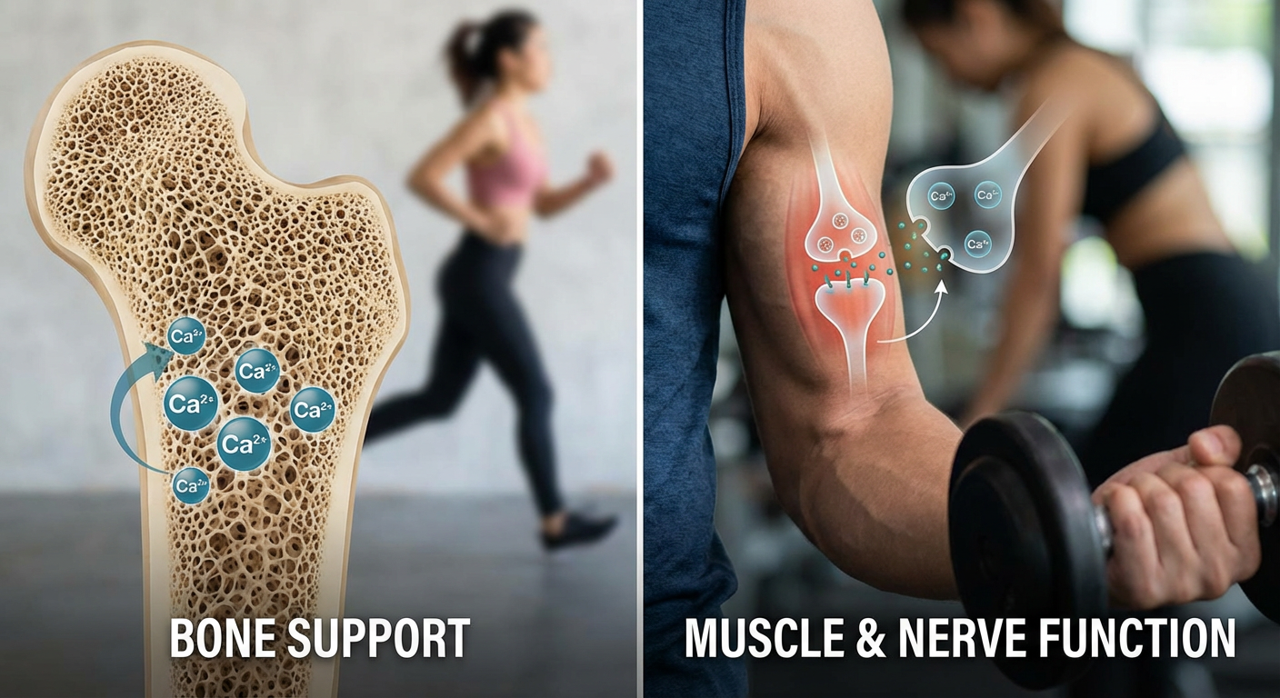 Calcium benefits for bone health and muscle function illustration