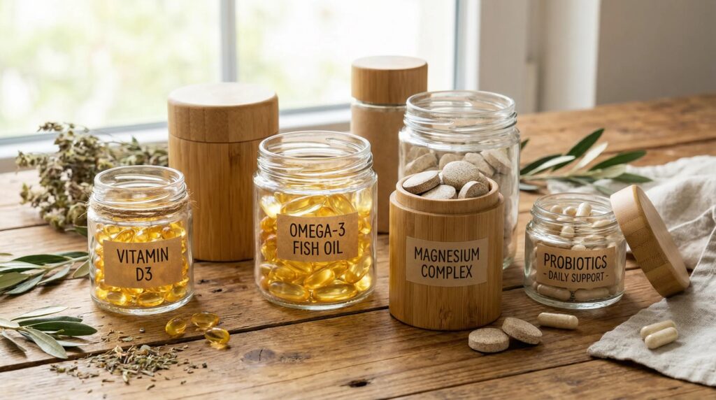 Collection of essential natural supplements including vitamin D, omega-3, magnesium and probiotics, on a natural wooden surface