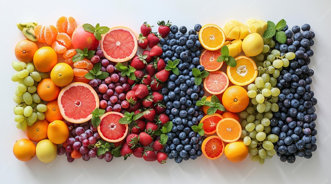 Colourful array of fresh citrus fruits, berries, and vegetables rich in Vitamin C arranged on a bright surface
