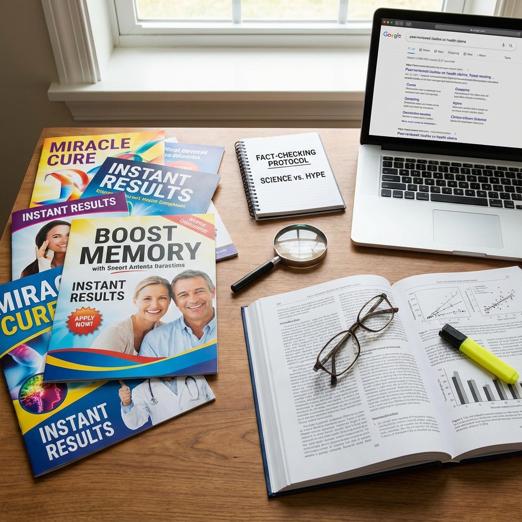 Person comparing supplement marketing claims with independent research