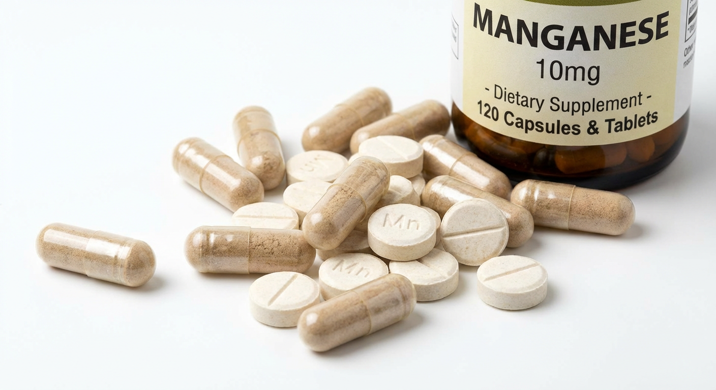 Manganese supplement capsules and tablets on a clean white background