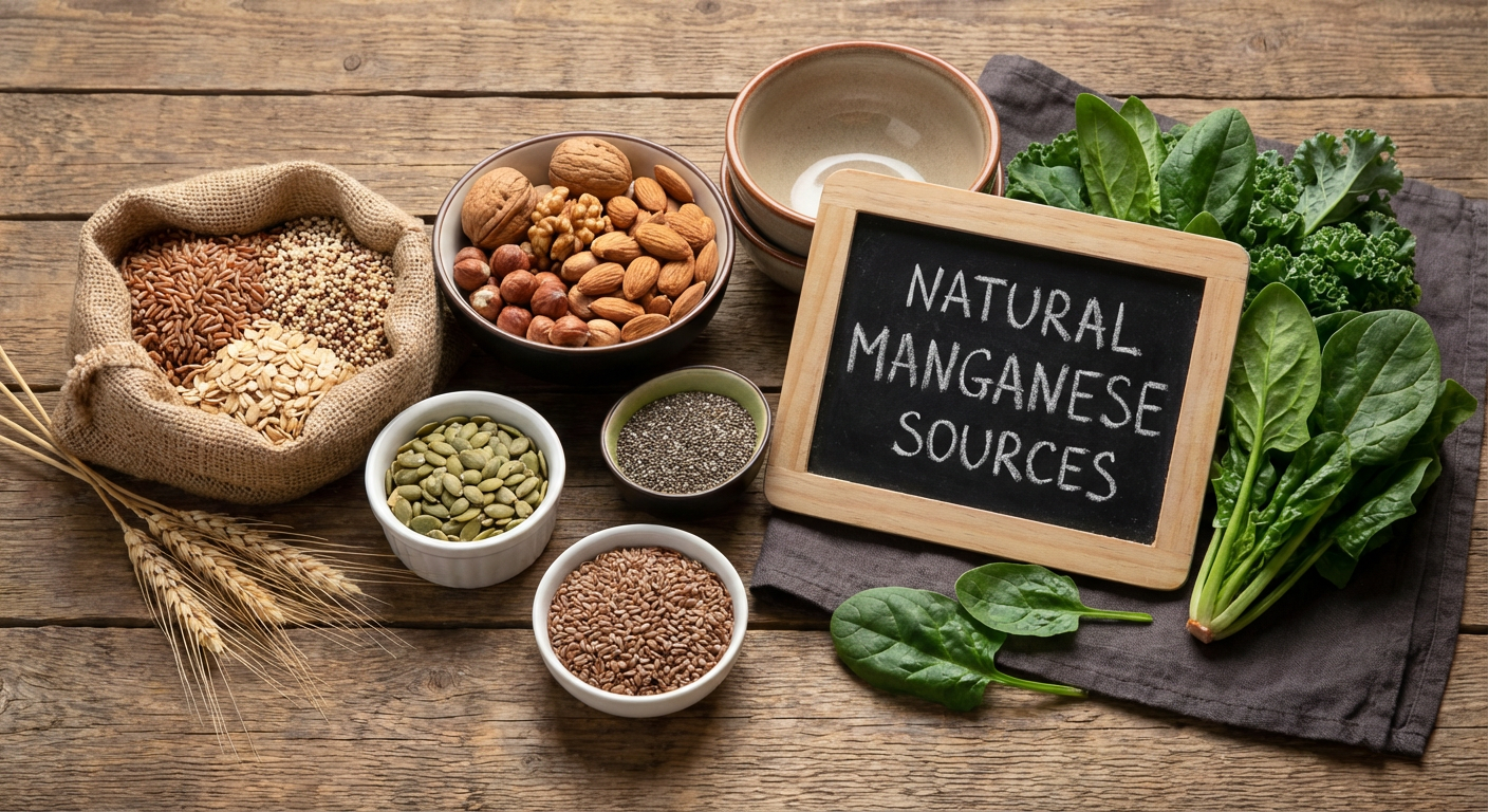 Natural food sources of manganese including nuts, seeds, whole grains and leafy vegetables