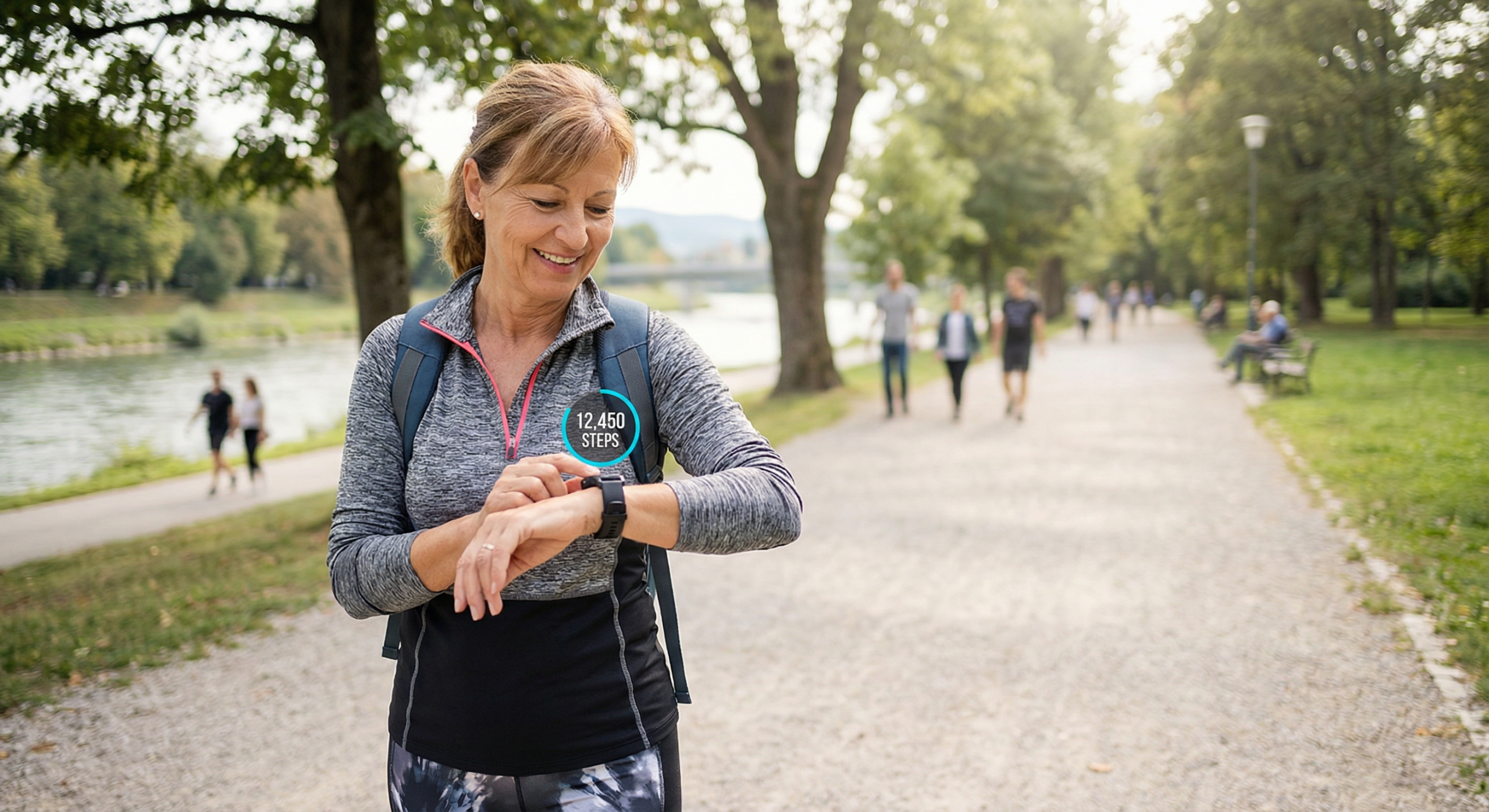 Person tracking daily step count whilst walking outdoors for health benefits