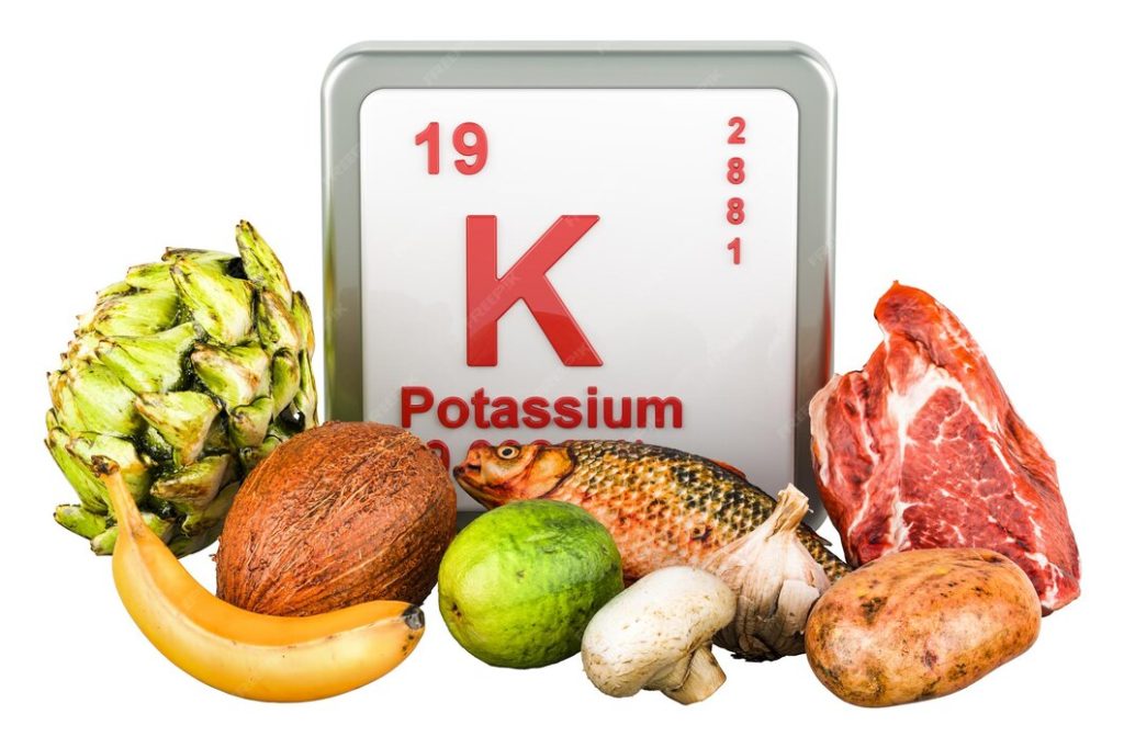 Best Potassium: A Body Beneficial Mineral Potassium rich foods including bananas, leafy greens, avocados and supplements arranged for educational display
