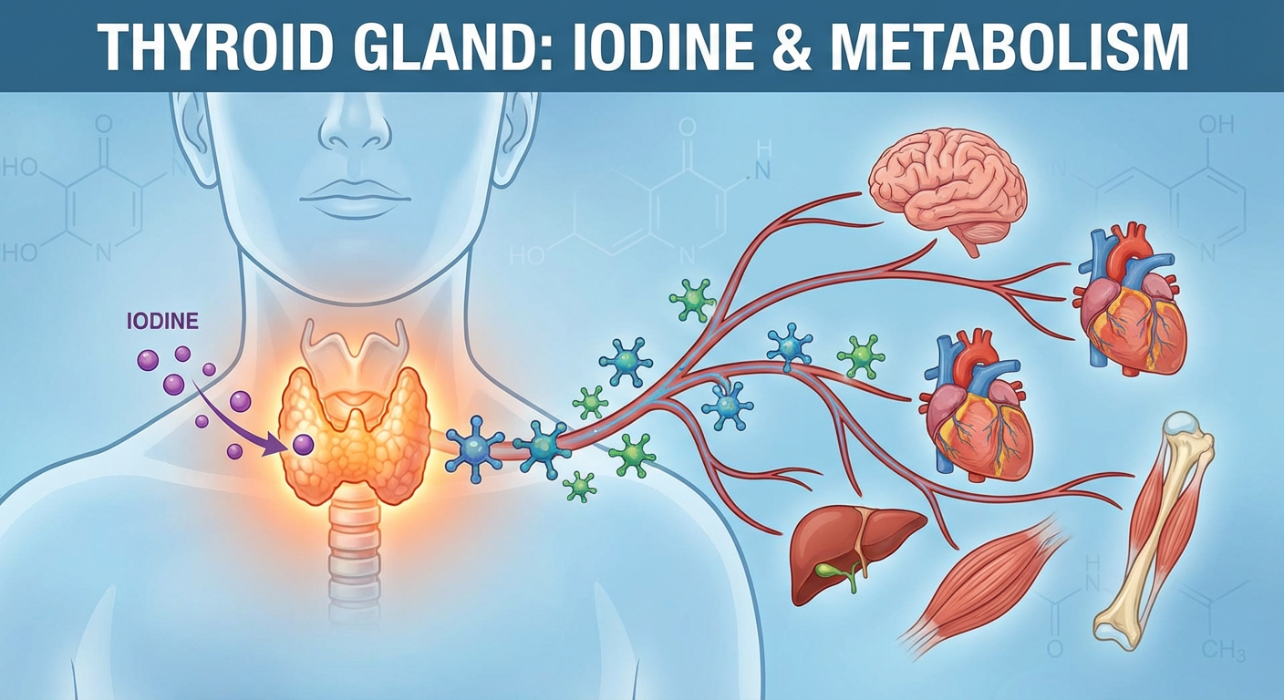 Anatomical illustration showing the thyroid gland and how iodine supports its function