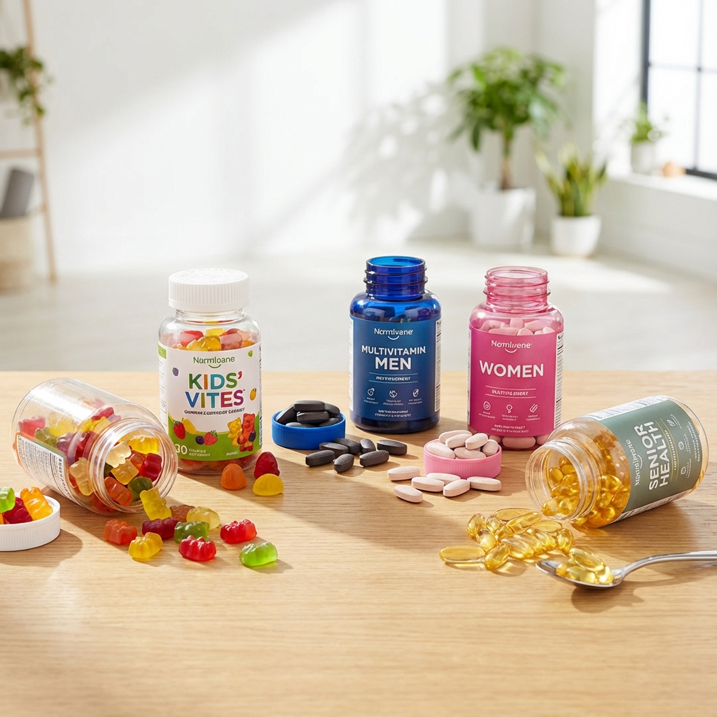 Collection of multivitamin supplements with ingredient labels highlighting key vitamins and minerals