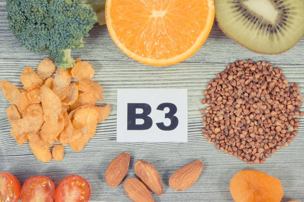 Selection of vitamin B3 niacin-rich foods including grilled chicken, salmon, peanuts, mushrooms and fortified cereals arranged on a kitchen counter