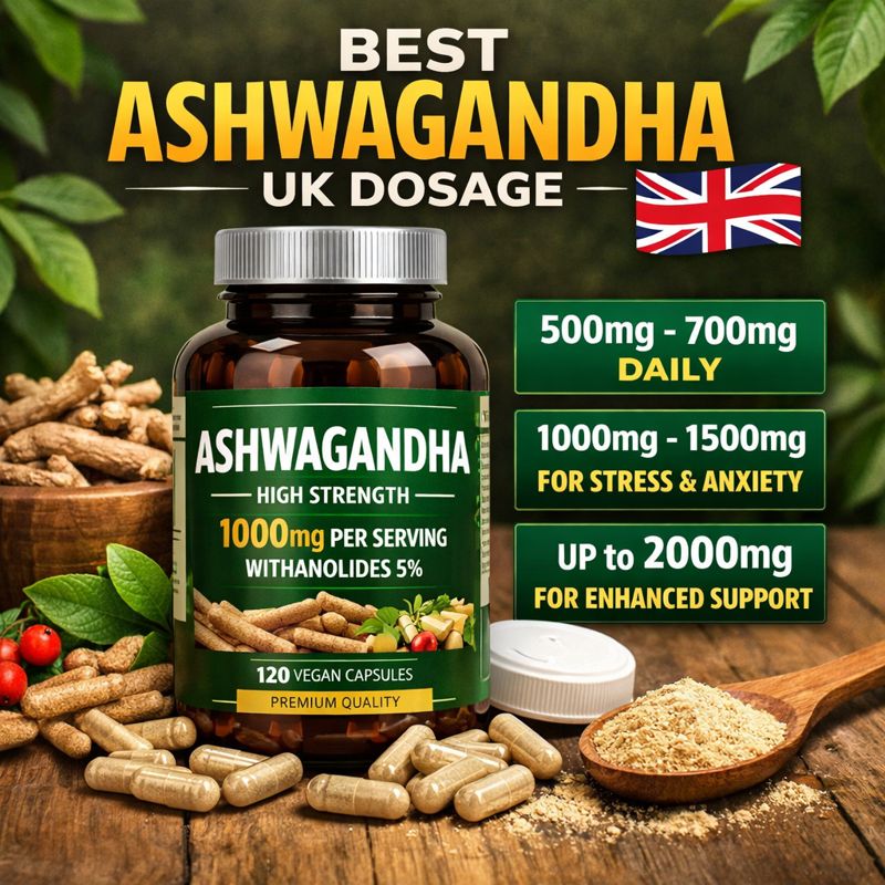 Ashwagandha root powder in a wooden bowl with dried root pieces and capsules arranged nearby