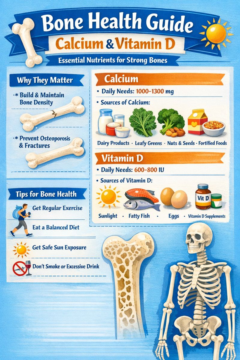 Illustration of strong healthy bones with key nutrients calcium, vitamin D and K2 highlighted