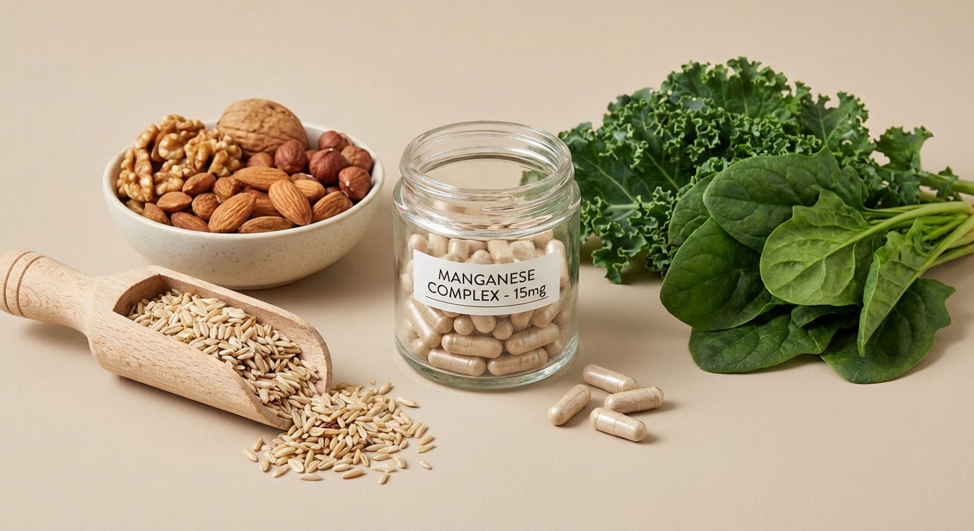 Diagram showing how manganese benefits bone health and metabolism in the human body