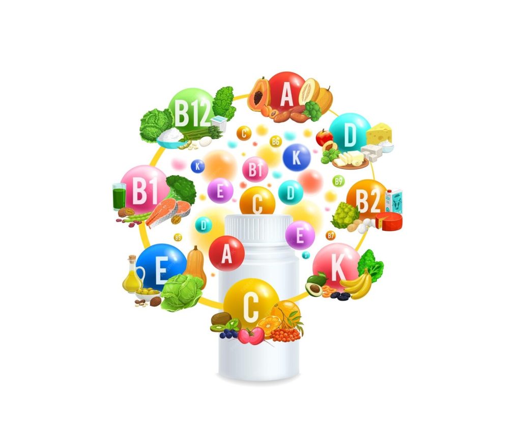 Multivitamins in tablet and capsule form with fresh vegetables