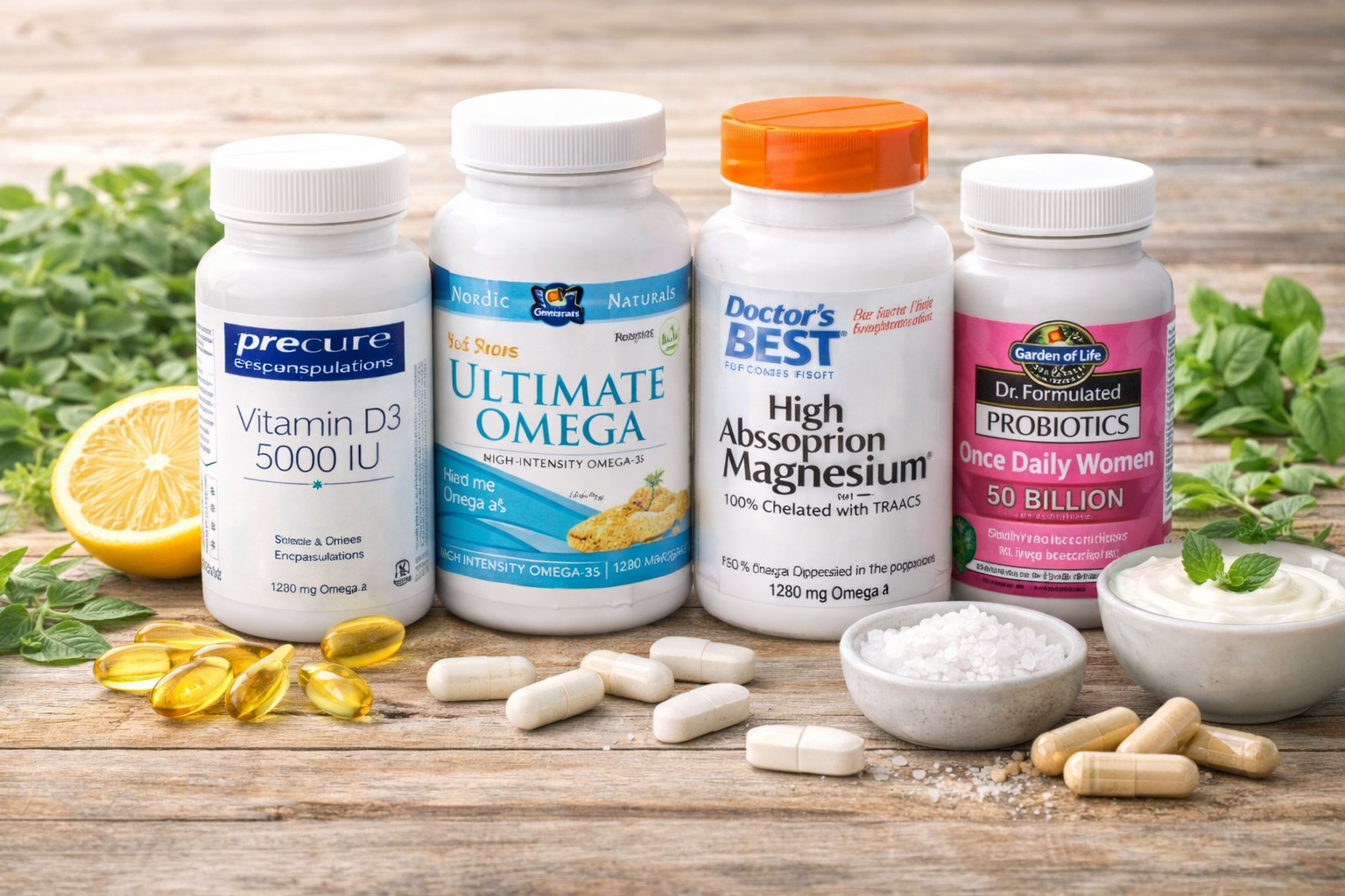 Collection of essential natural supplements including vitamin D, omega-3, magnesium and probiotics on a natural wooden surface