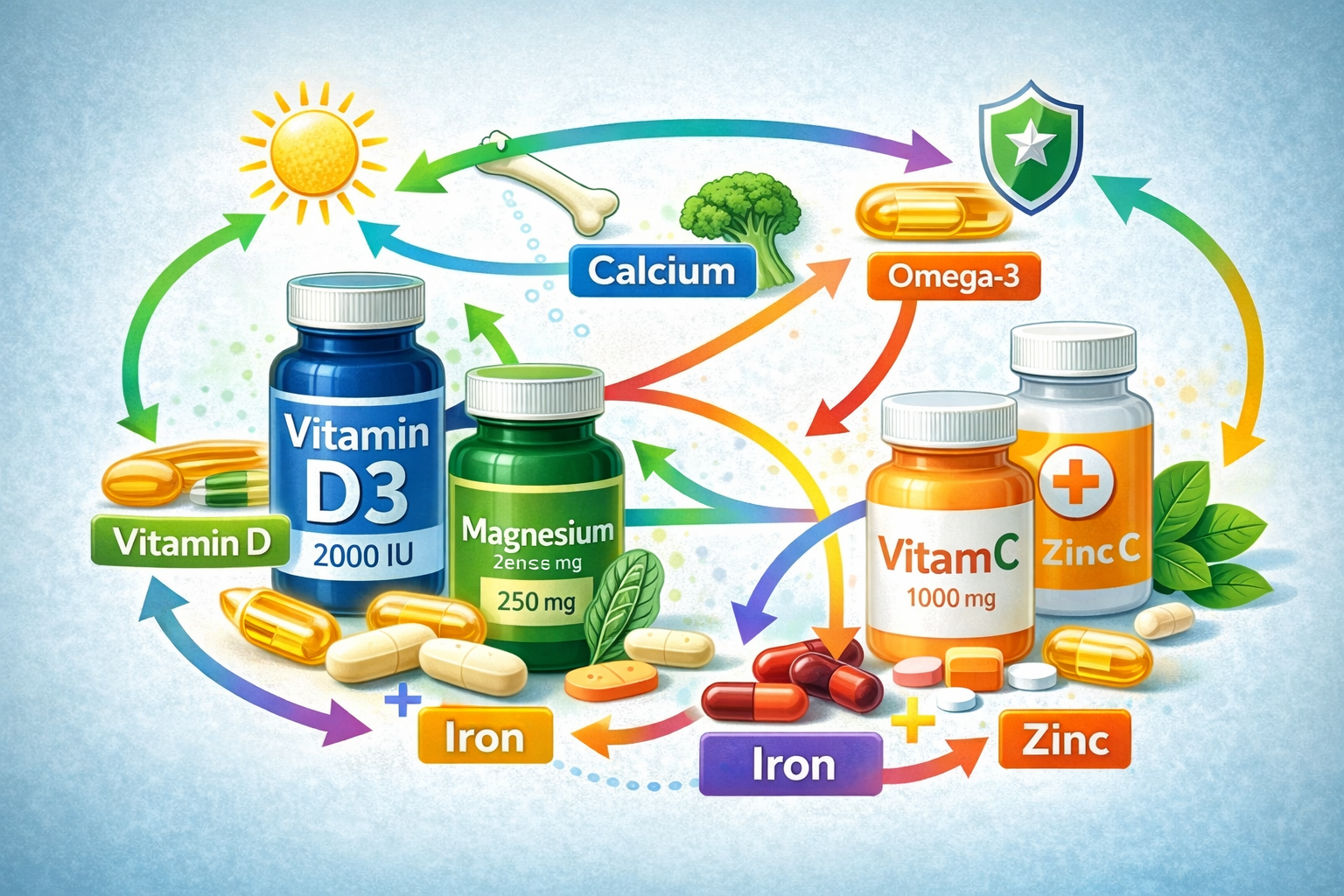 Collection of supplement bottles and capsules with visual indicators showing potential interaction pathways between different nutrients