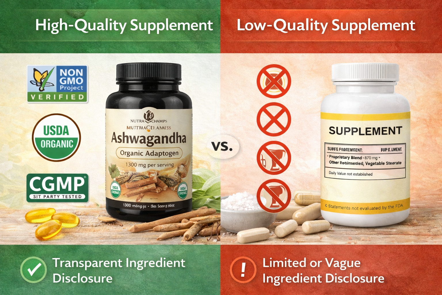 Comparison of high-quality and low-quality supplement bottles highlighting certification labels and ingredient transparency