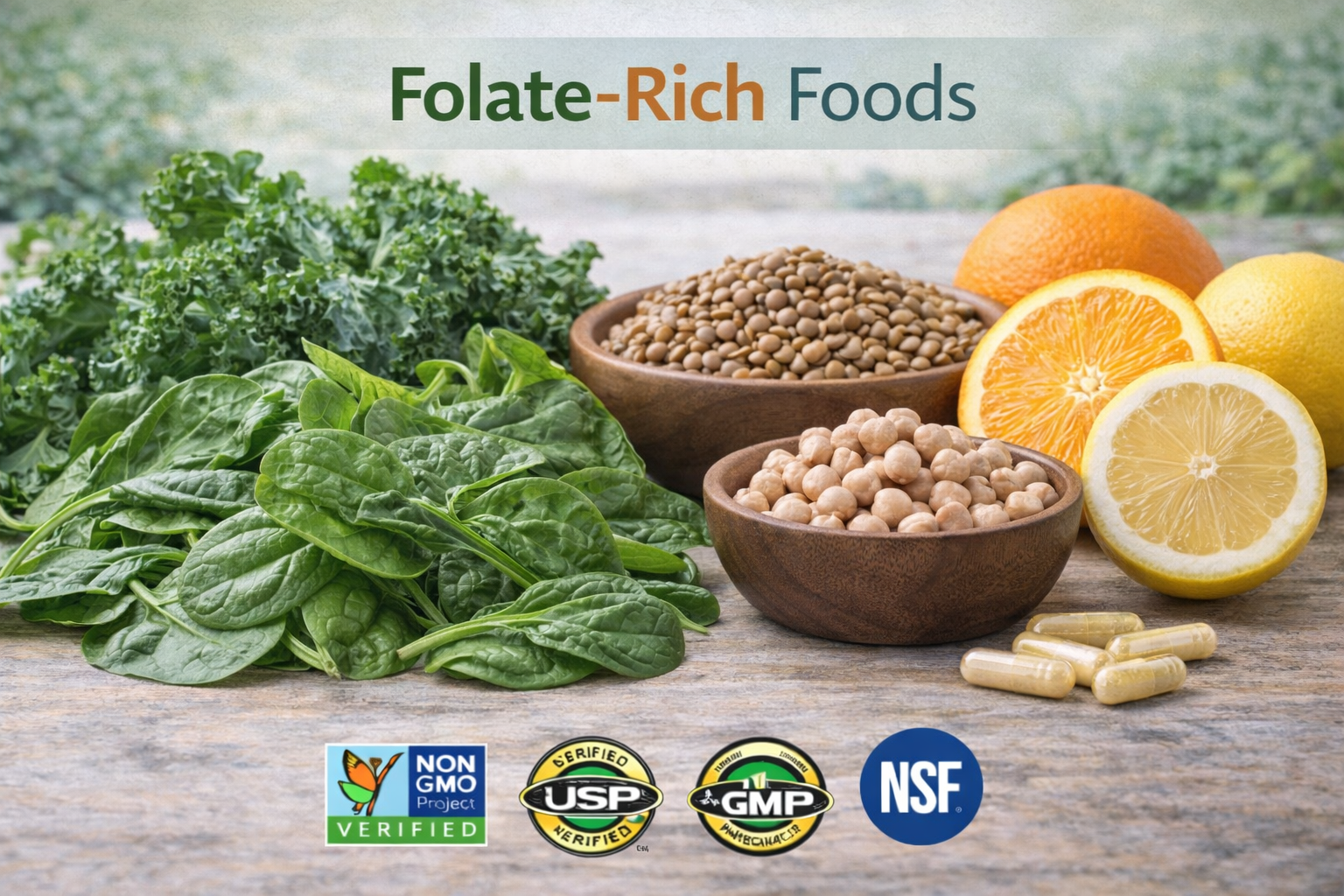 Folate-rich foods including leafy greens, legumes and citrus fruits with supplement capsules