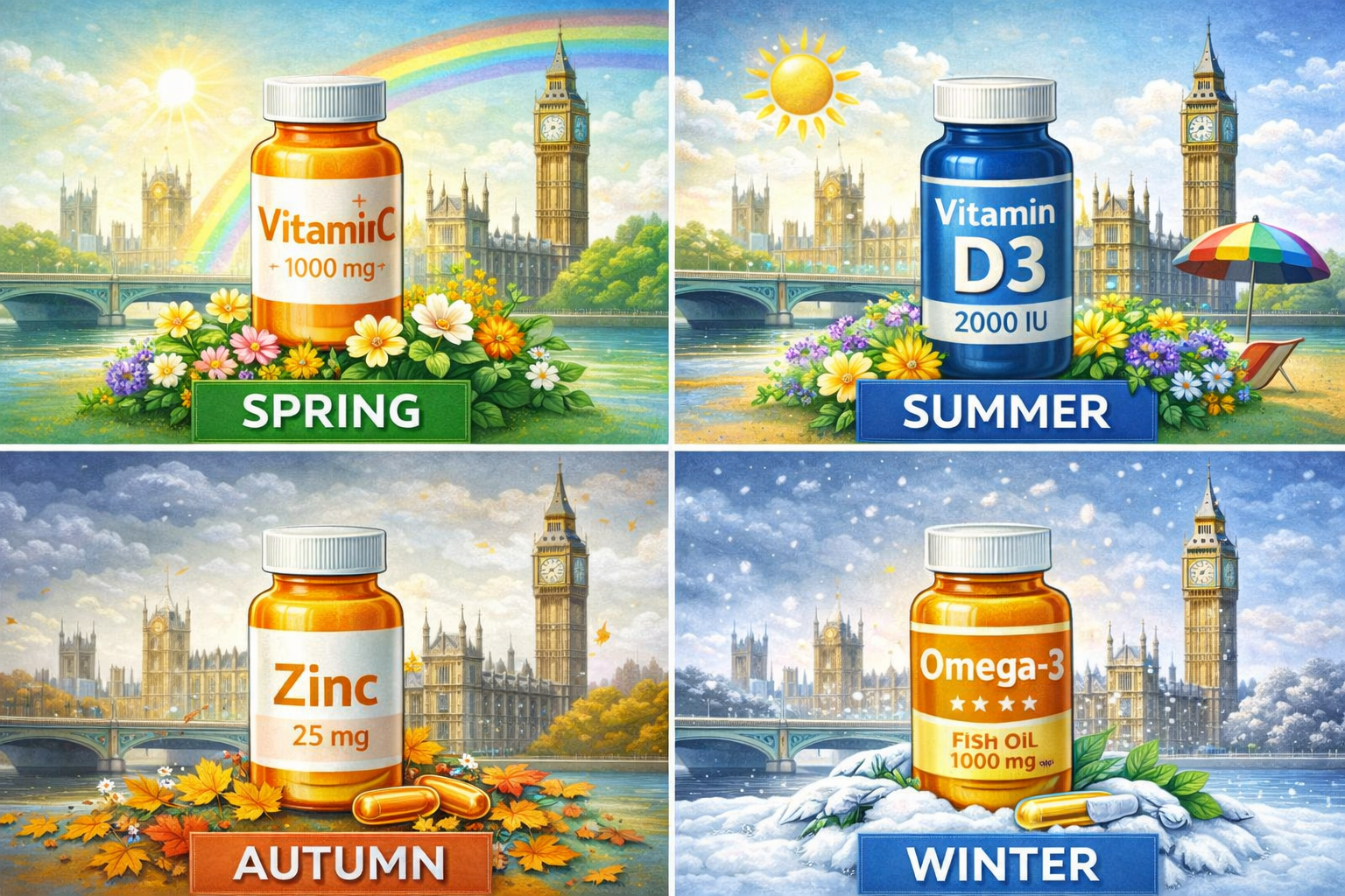 Four seasonal scenes representing British weather throughout the year with relevant supplement bottles for each season