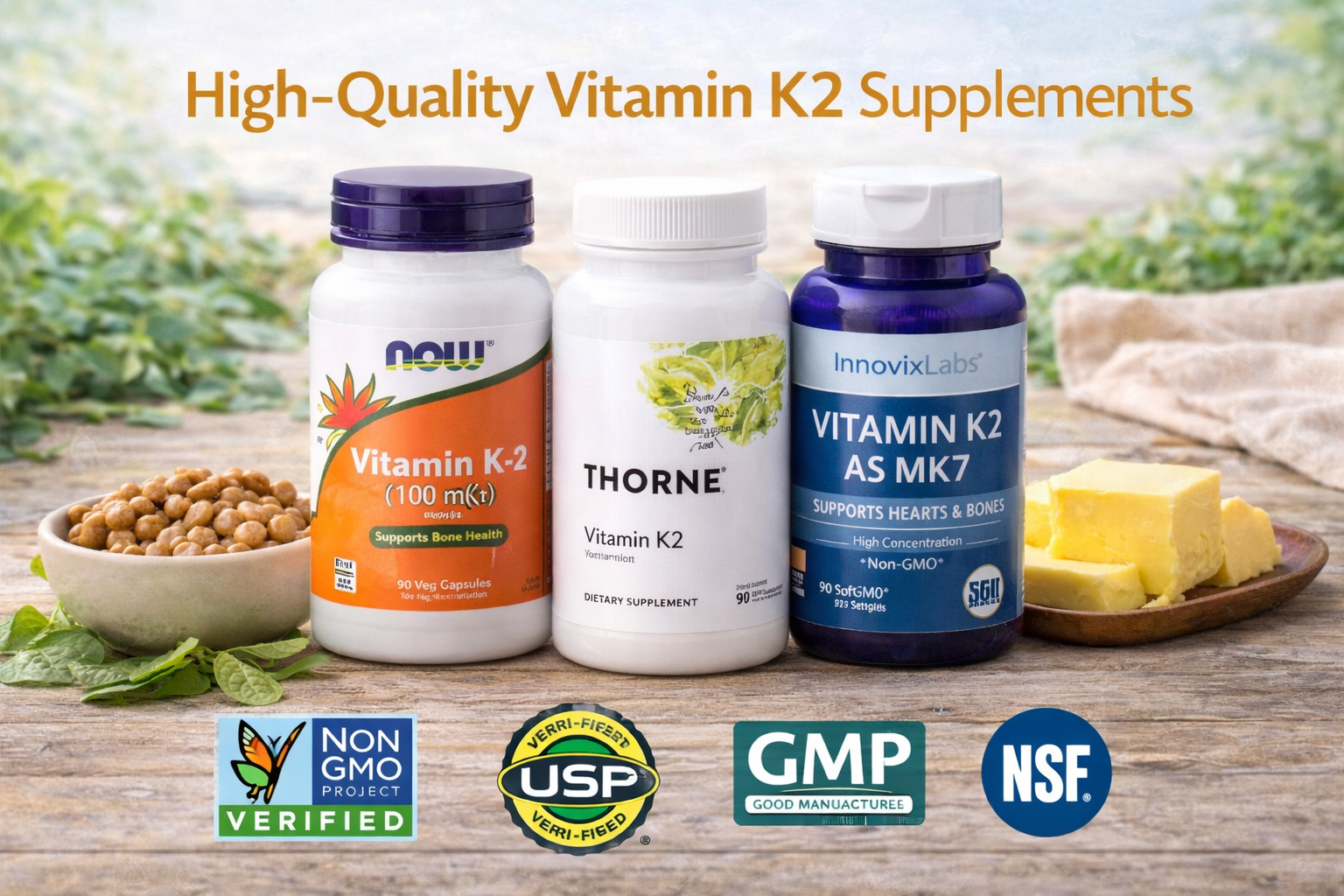 High-quality vitamin K2 supplement bottles with quality certification badges
