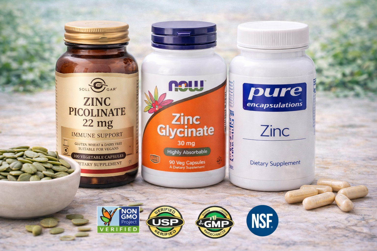 High-quality zinc supplement bottles showing quality certification badges and clear labelling