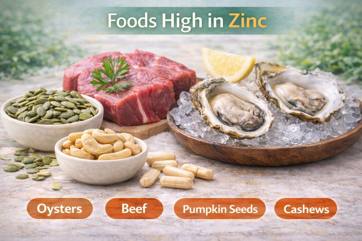 Foods high in zinc including oysters, beef, pumpkin seeds, and cashews
