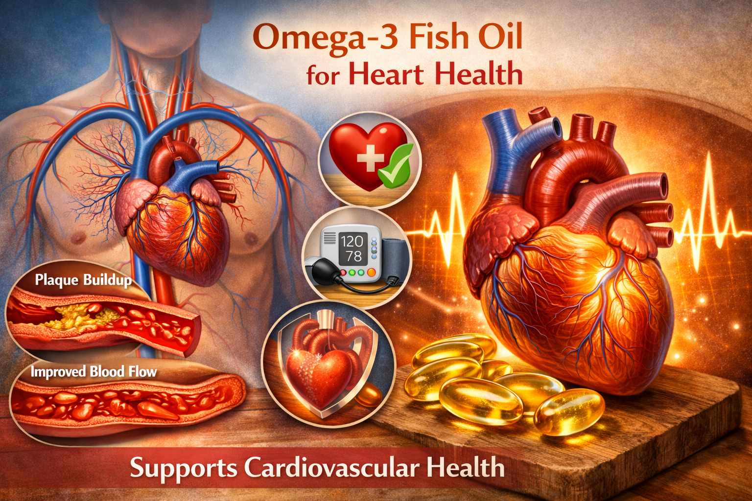 Illustration showing omega-3 fish oil supporting heart health with cardiovascular system imagery