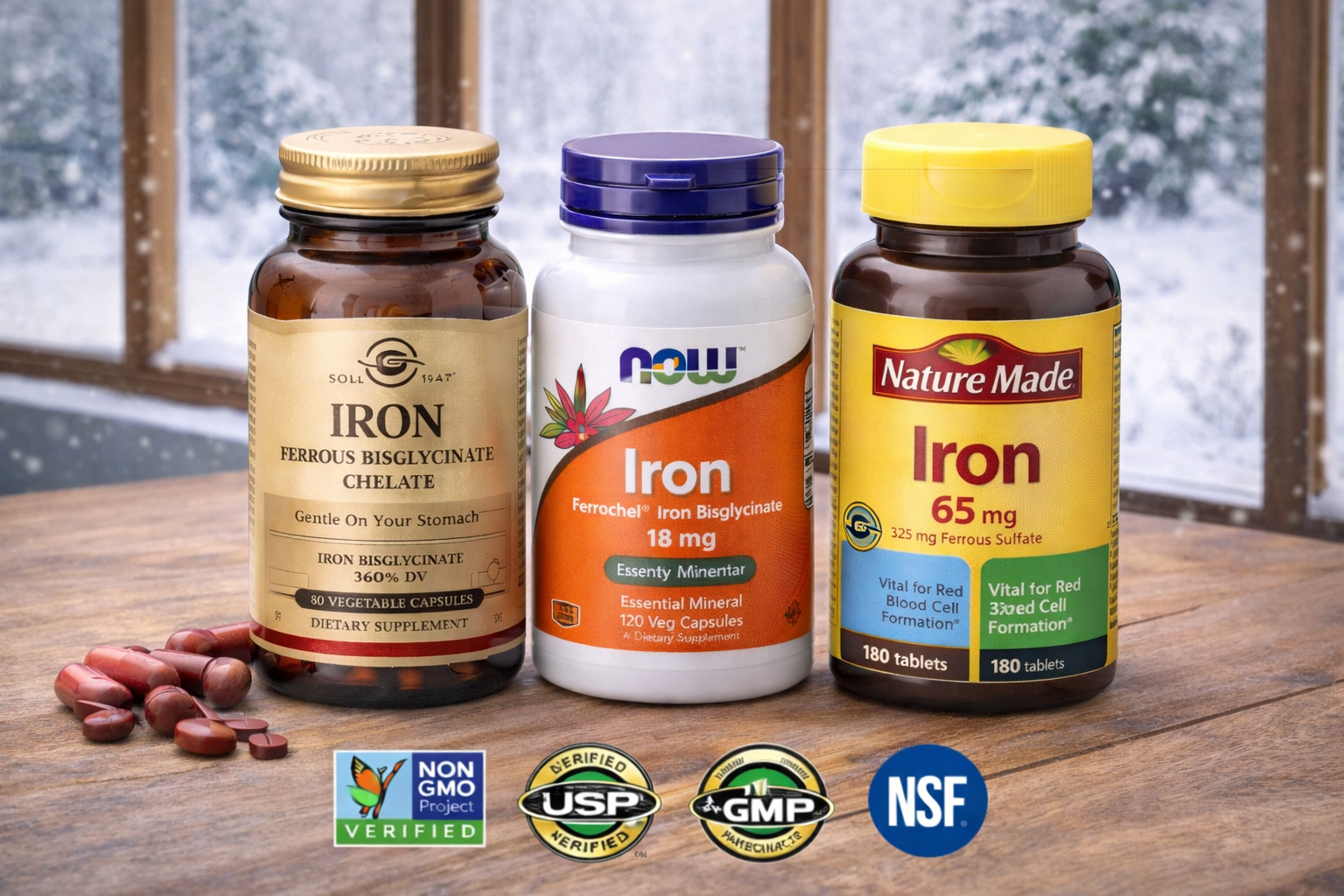 Iron supplement capsules with iron-rich foods like red meat, spinach and lentils