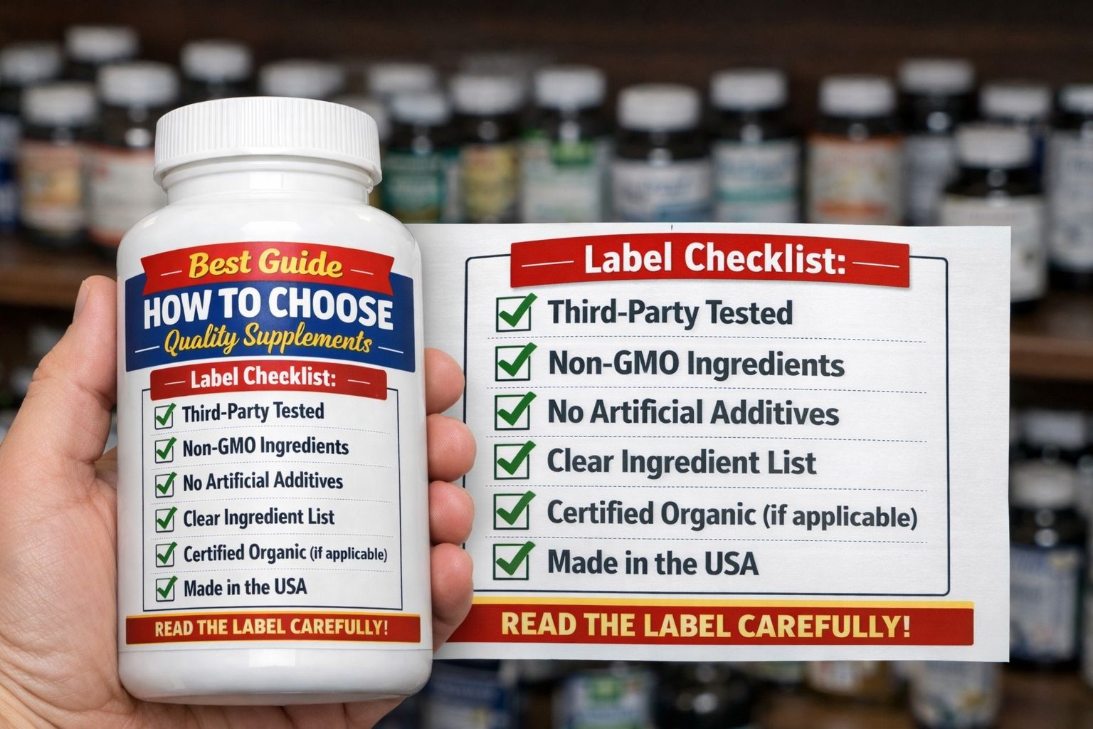 Key sections of a supplement label: ingredients, amounts, warnings, and directions