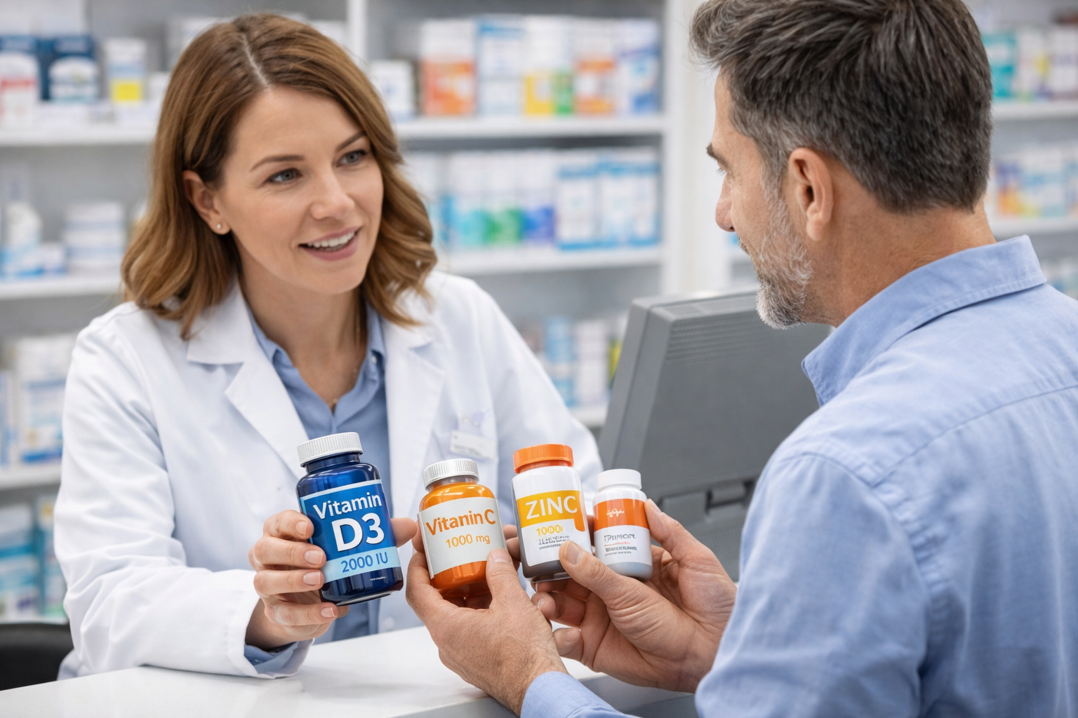 Person discussing supplement bottles with a pharmacist in a pharmacy setting