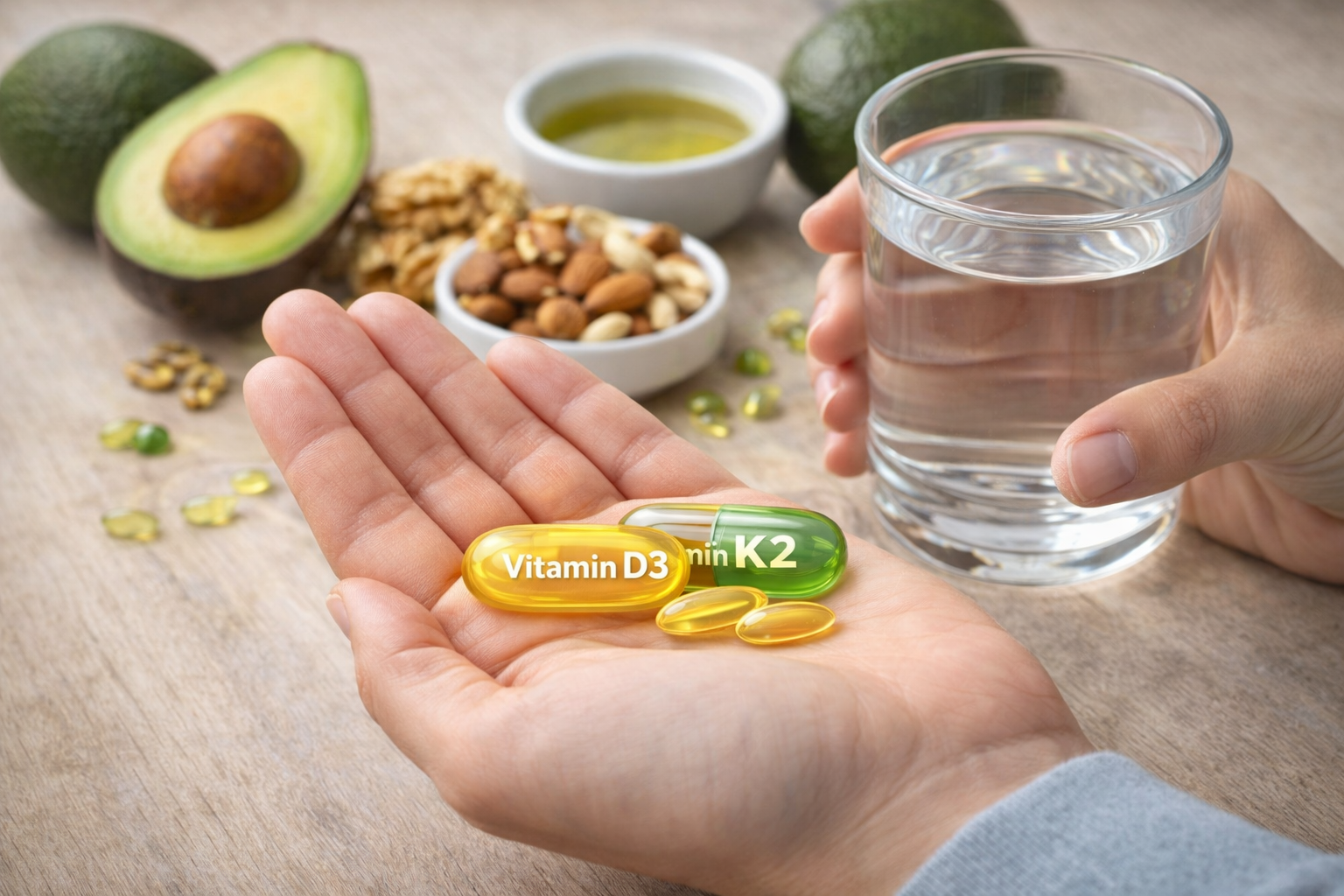 Person taking vitamin D3 and K2 supplements with healthy fats like avocado and nuts for optimal absorption