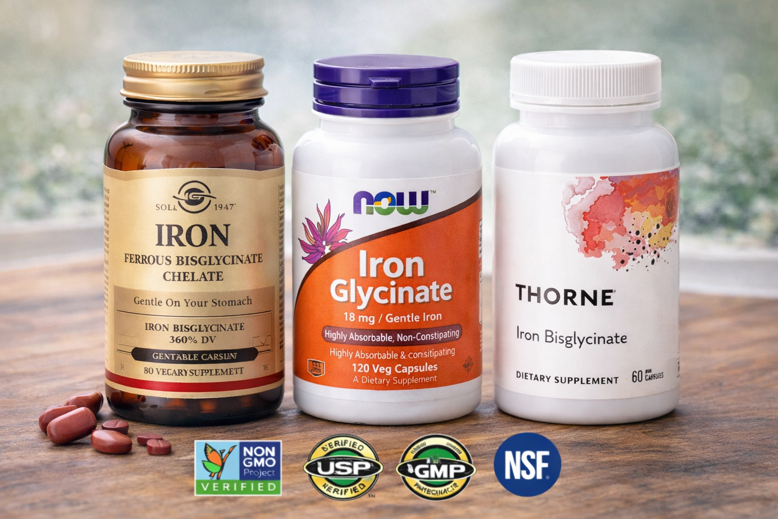 Quality iron supplement bottles showing gentle iron forms and clear labelling