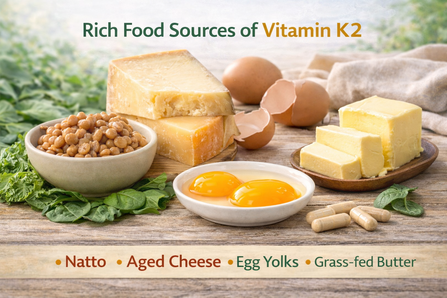Rich food sources of vitamin K2 including natto, aged cheese, egg yolks and grass-fed butter