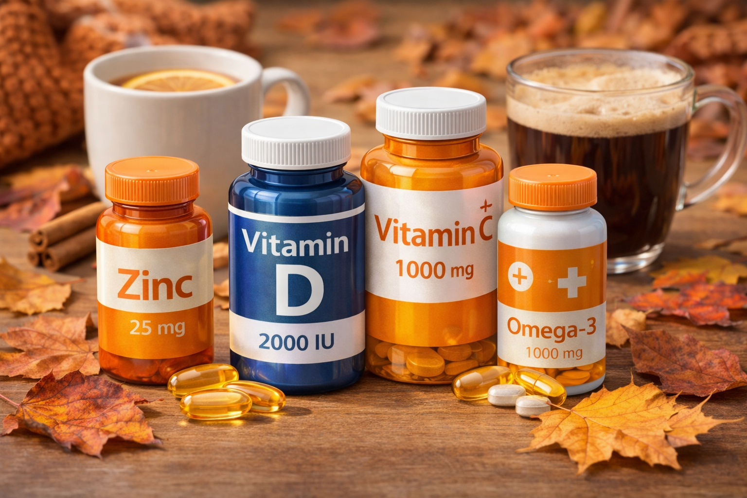 Supplements arranged on a table with autumn leaves and warming drinks suggesting seasonal transition
