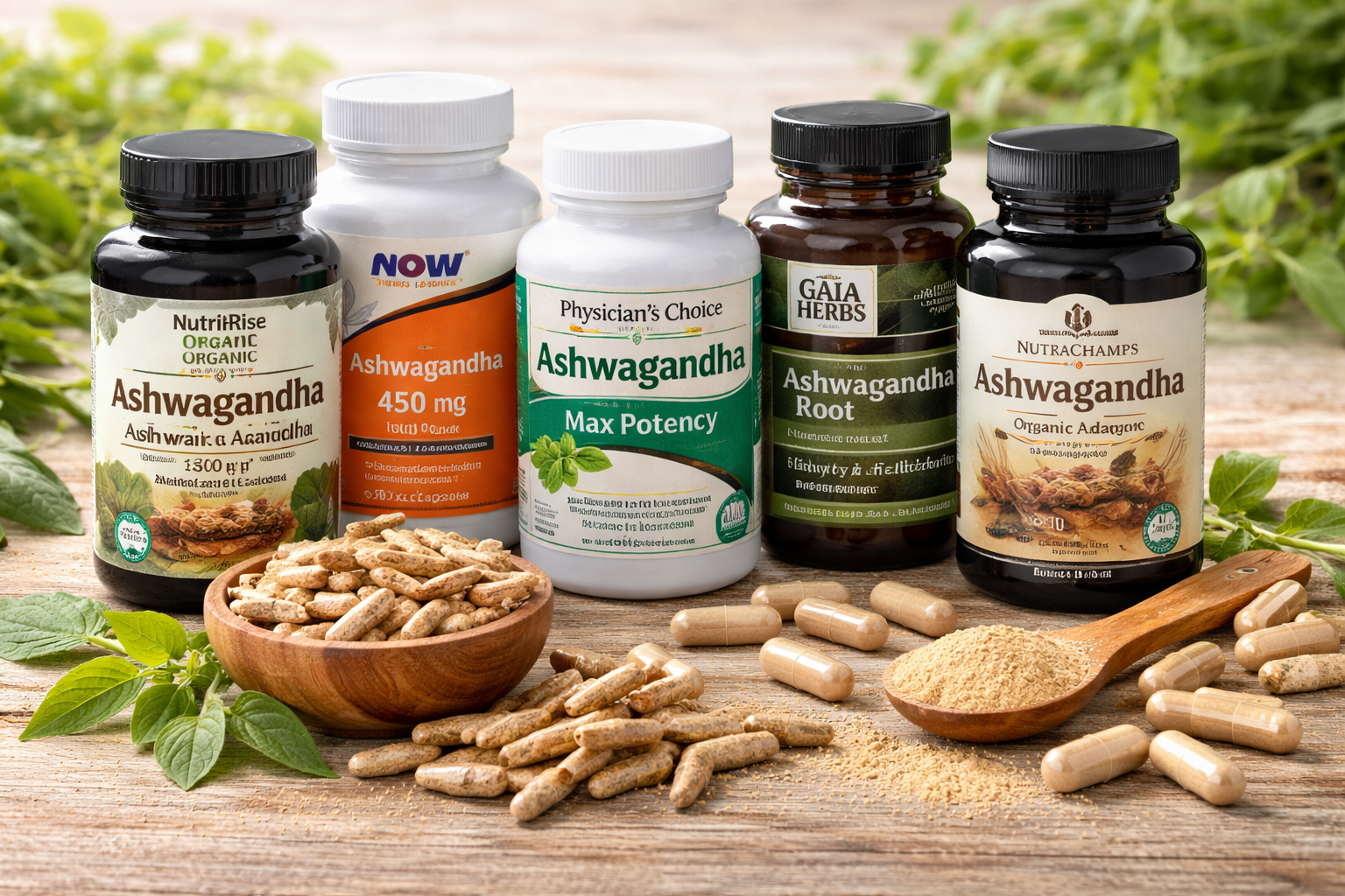 Various ashwagandha supplement bottles and capsules displayed with dried ashwagandha root pieces on a wooden surface