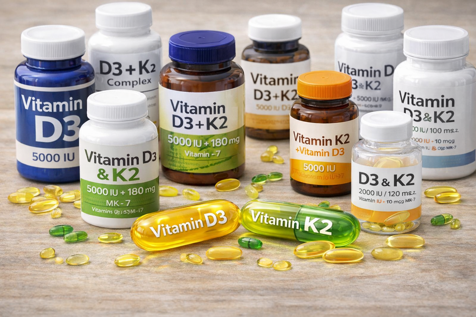 Various vitamin D3 and K2 supplement bottles and capsules showing different formulations and combinations