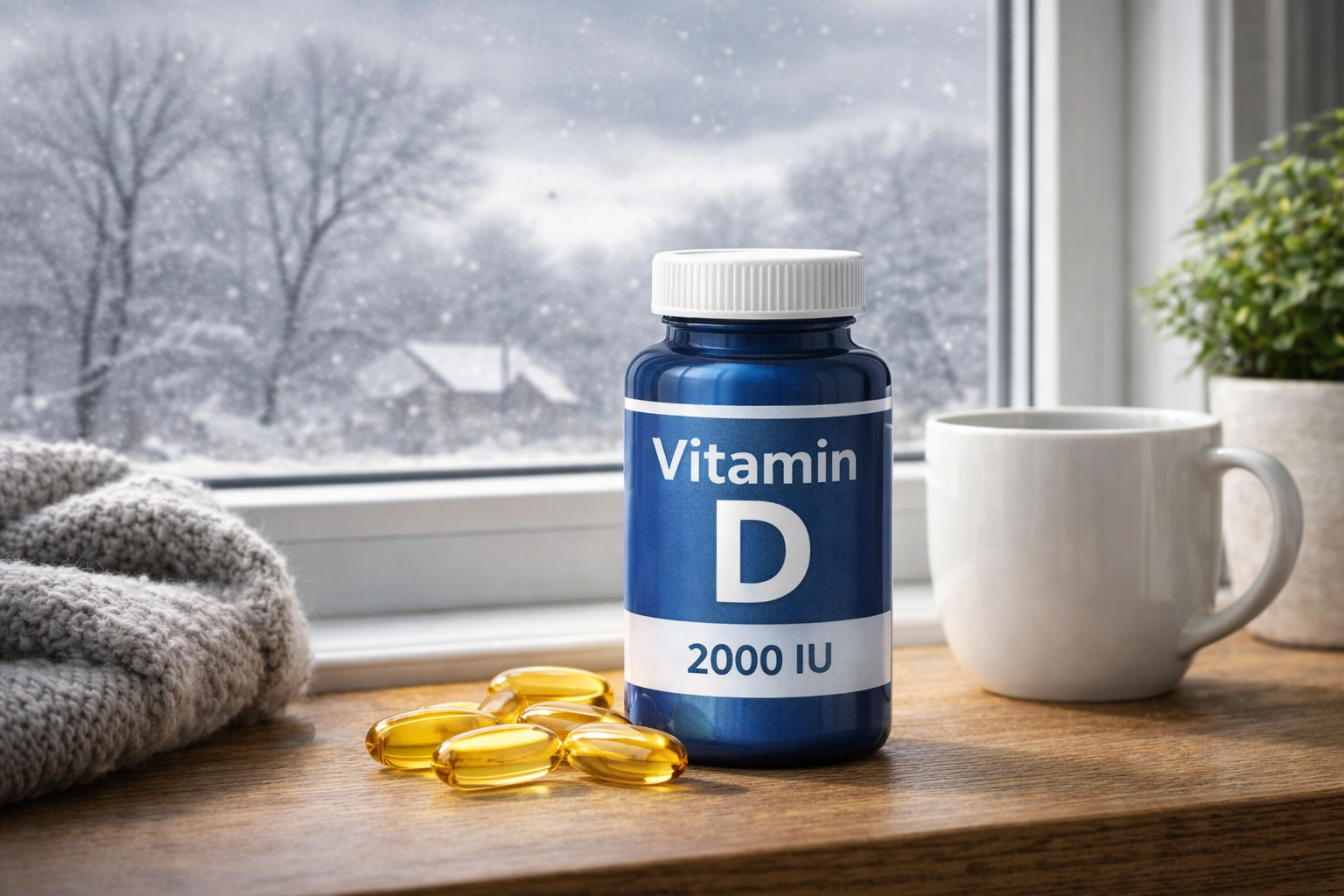 Vitamin D supplement bottle next to a window showing grey winter sky outside