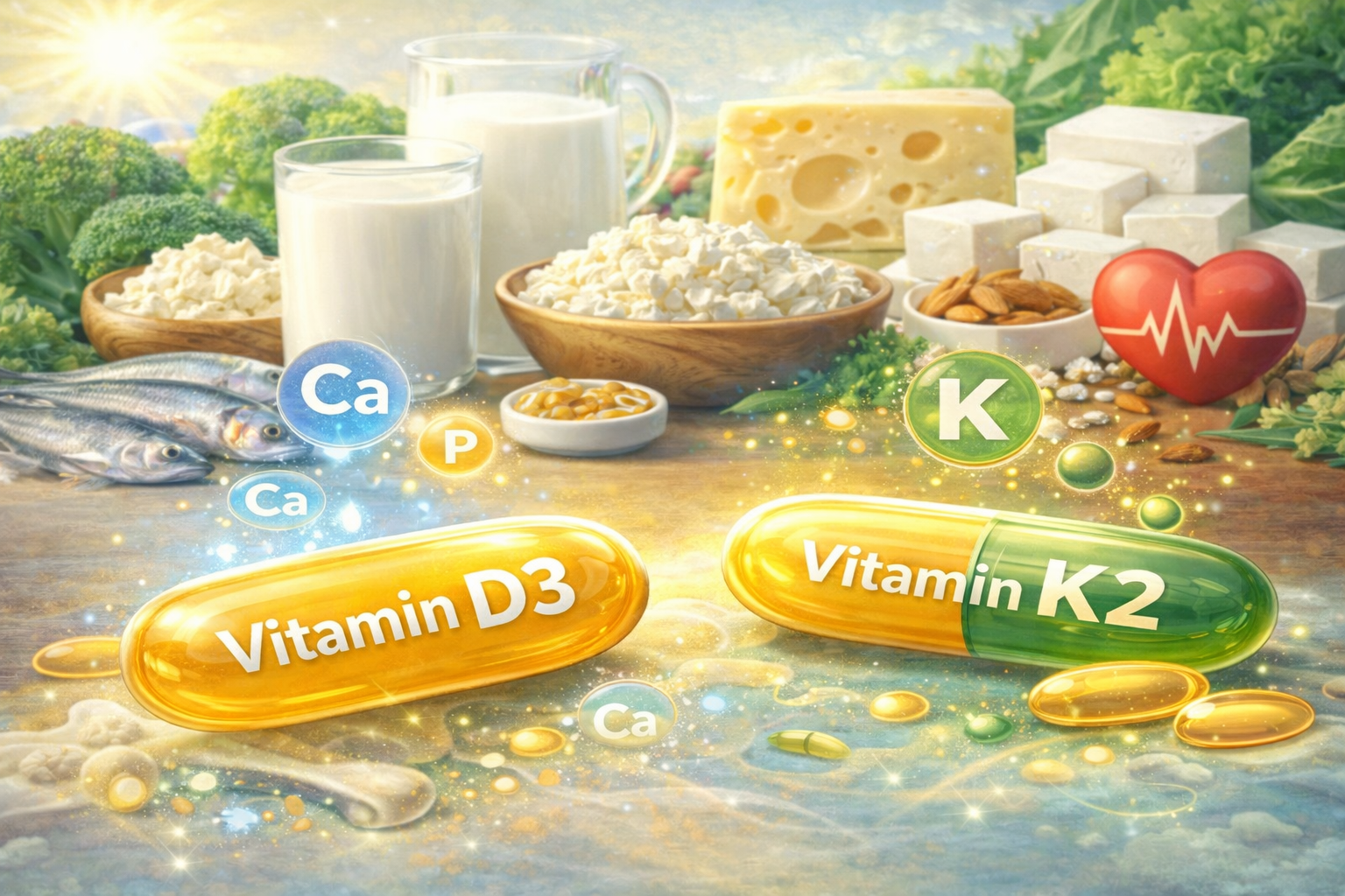 Vitamin D3 and K2 supplement capsules with calcium-rich foods representing nutrient synergy for bone and heart health