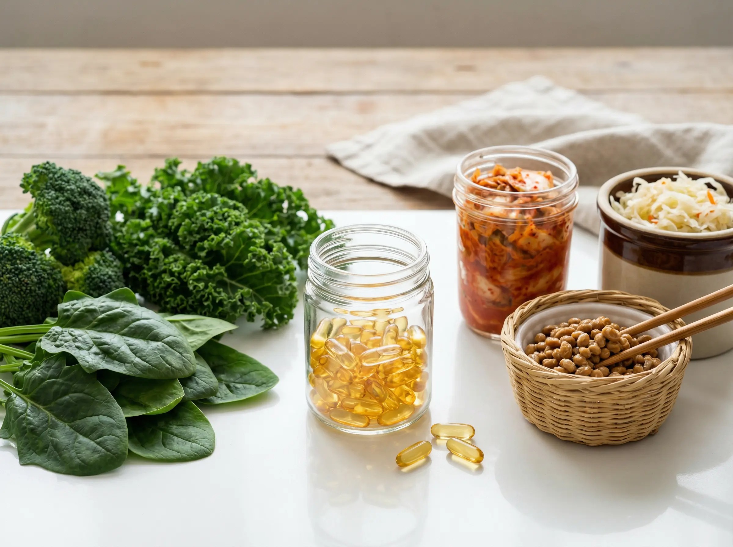 Vitamin K2 supplement capsules with green leafy vegetables and fermented foods rich in vitamin K