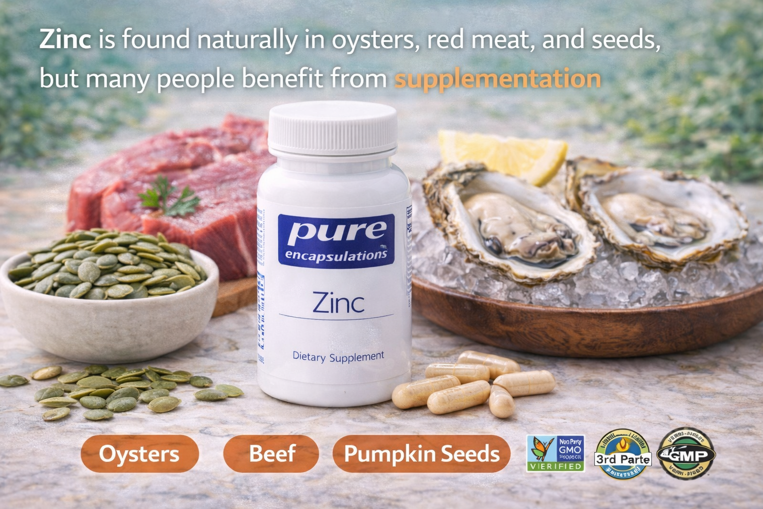 Zinc supplement capsules with oysters and pumpkin seeds rich in dietary zinc