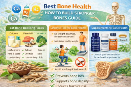 Best Bone Health: How to build Stronger Bones Illustration of strong Best Bone Health with key nutrients calcium, vitamin D and K2 highlighted