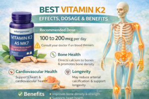 Best Vitamin K2: Effects, Dosage or Benefits Guide best Vitamin K2 supplement capsules with green leafy vegetables and fermented foods rich in vitamin K