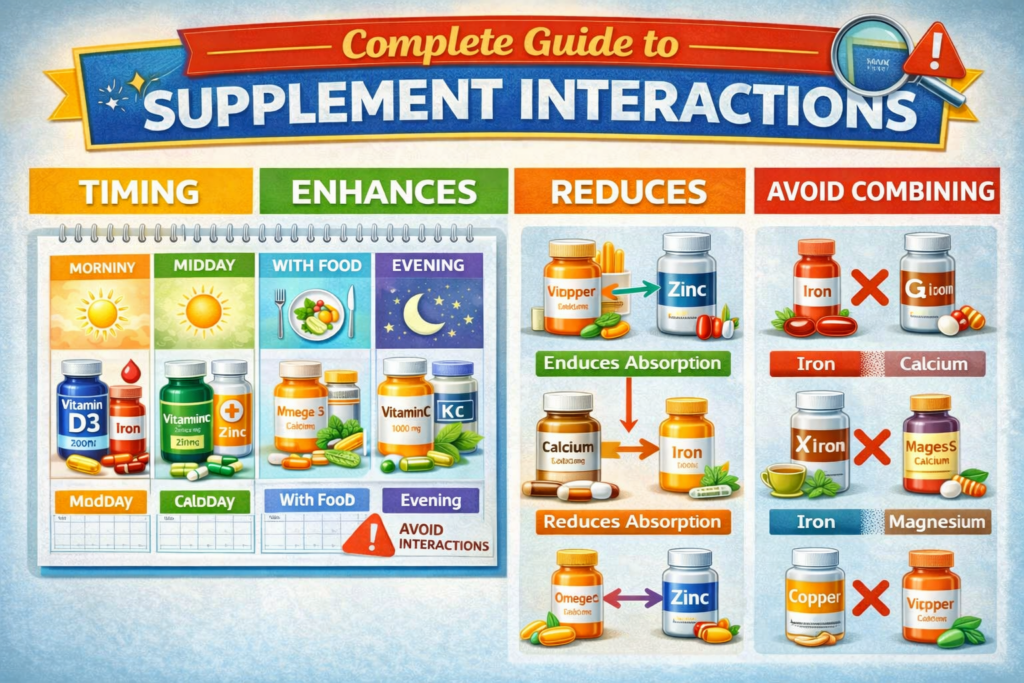 Various supplement bottles and capsules arranged with warning symbols indicating potential interactions