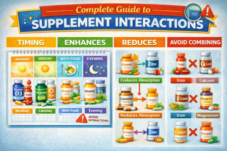 Best Guide to Supplement Interactions Various supplement bottles and capsules arranged with warning symbols indicating potential interactions