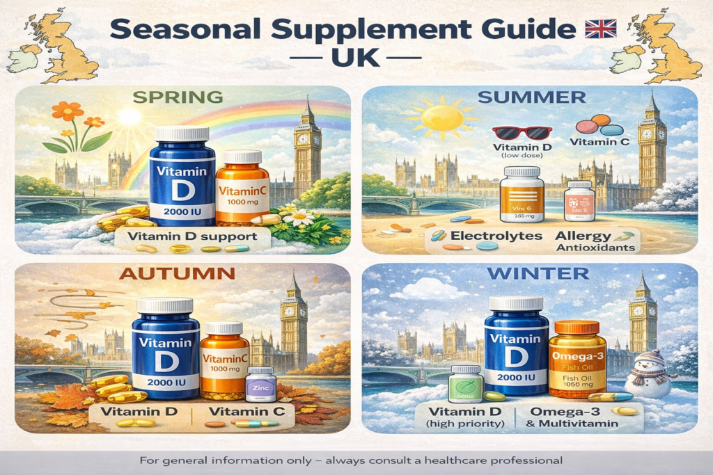 Best Seasonal Supplement Guide UK Various supplement bottles and capsules arranged with warning symbols indicating potential interactions