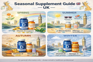 Best Seasonal Supplement Guide UK Various supplement bottles and capsules arranged with warning symbols indicating potential interactions