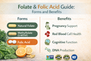 Best Folate Folic Acid: UK Guide to Forms and Benefits folate folic acid-rich foods including leafy greens, legumes and citrus fruits with supplement capsules