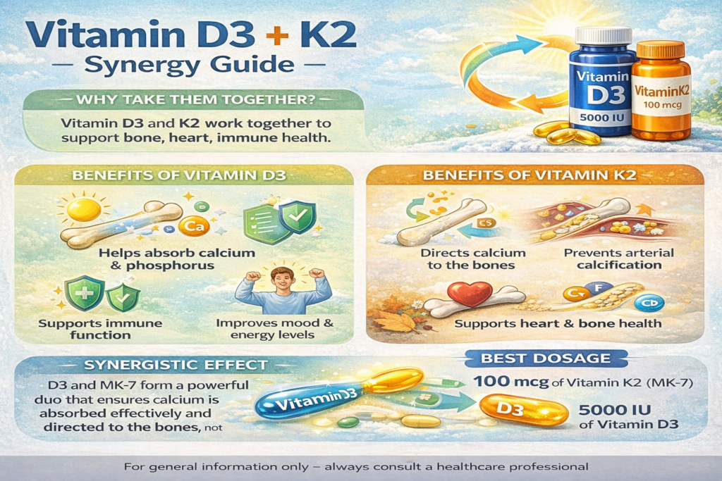 Vitamin D3 and K2 supplement capsules with calcium-rich foods representing nutrient synergy for bone and heart health